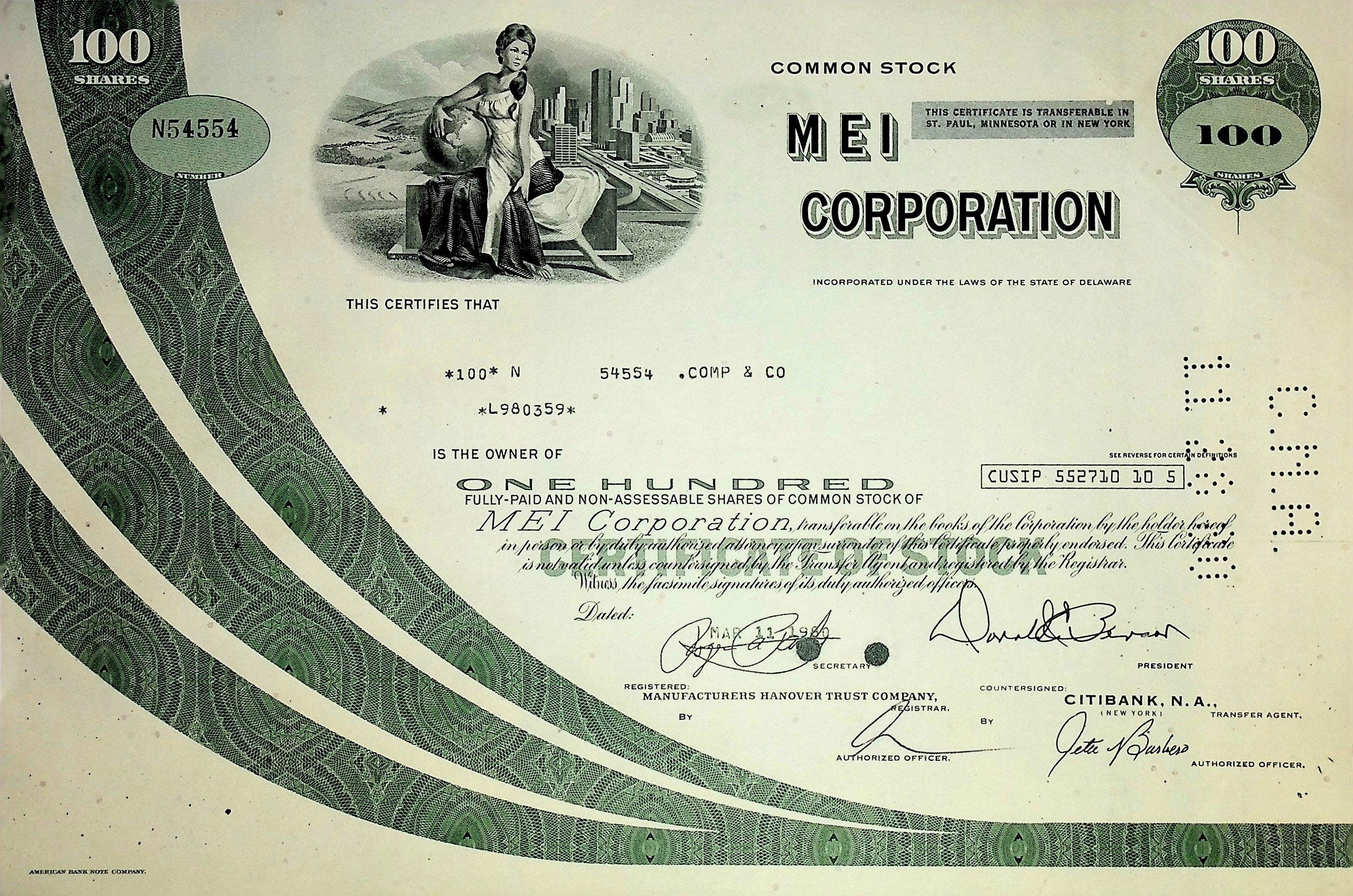 MEI Corporation Stock Certificate from 1980s (Twin City Rapid Transit