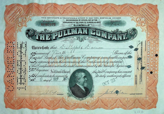 The Pullman Company Stock Certificate from 1925 (Luxury Train Cars)