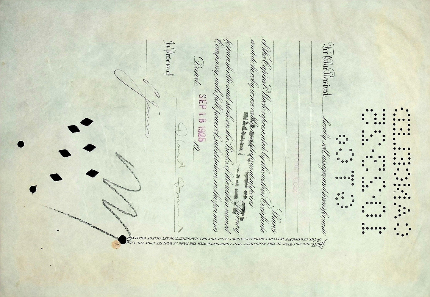 1925 年普尔曼公司股票证书(豪华列车车厢)