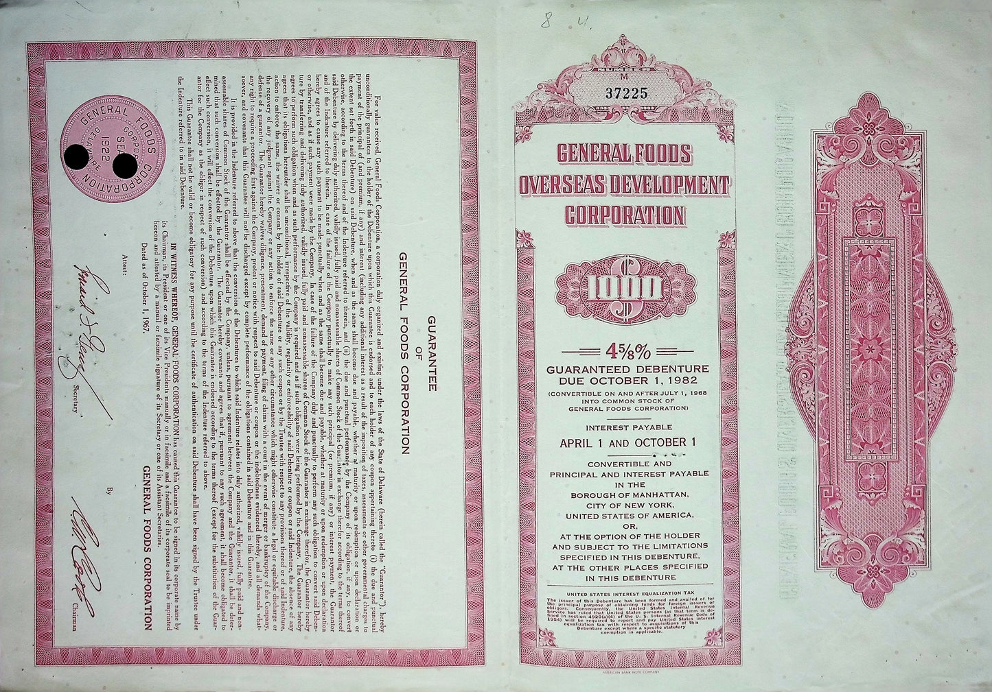 通用食品(现卡夫)海外发展公司 1967 年债券证书