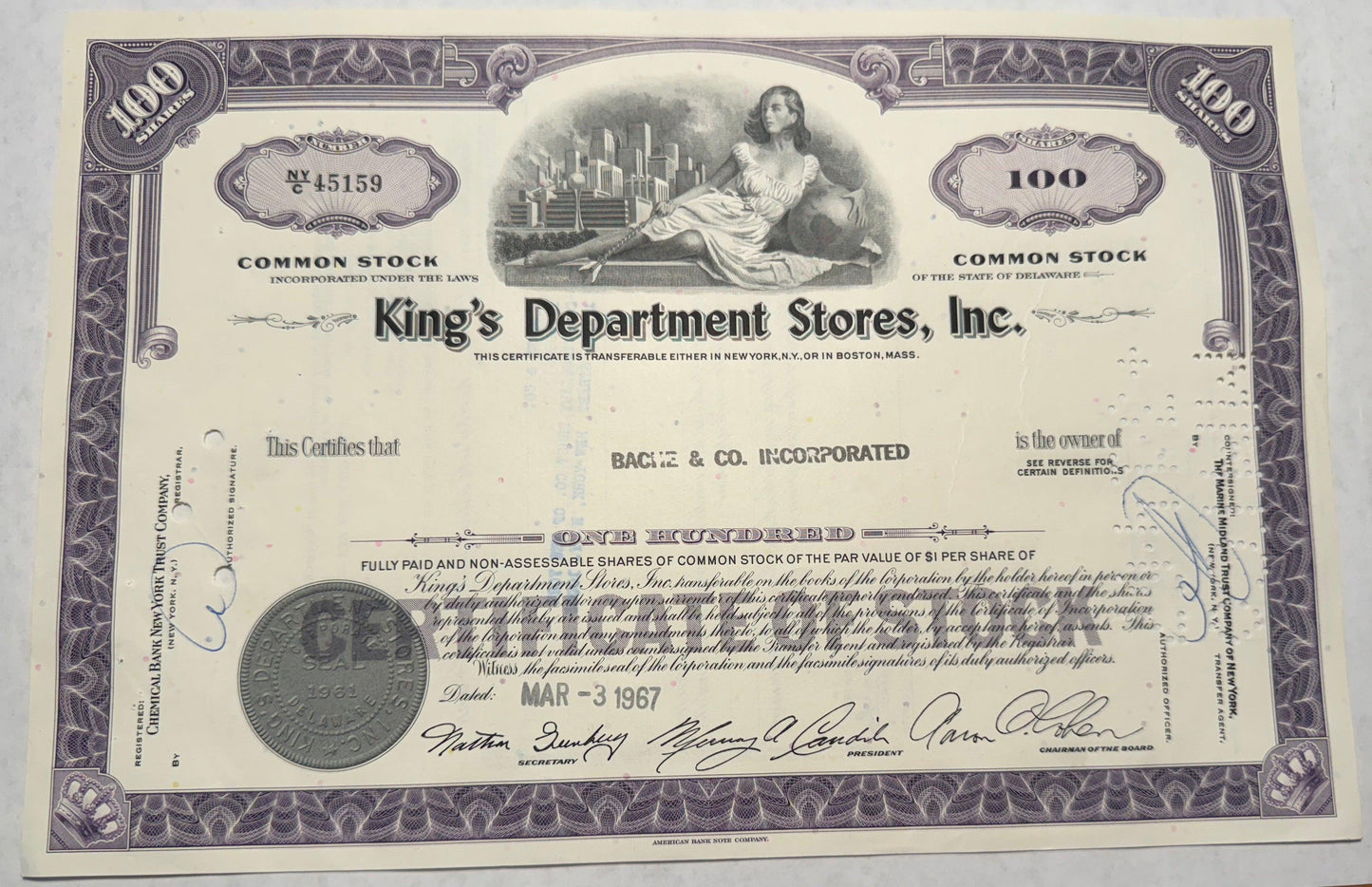 King's Department Stores, Inc 紫色股票证书