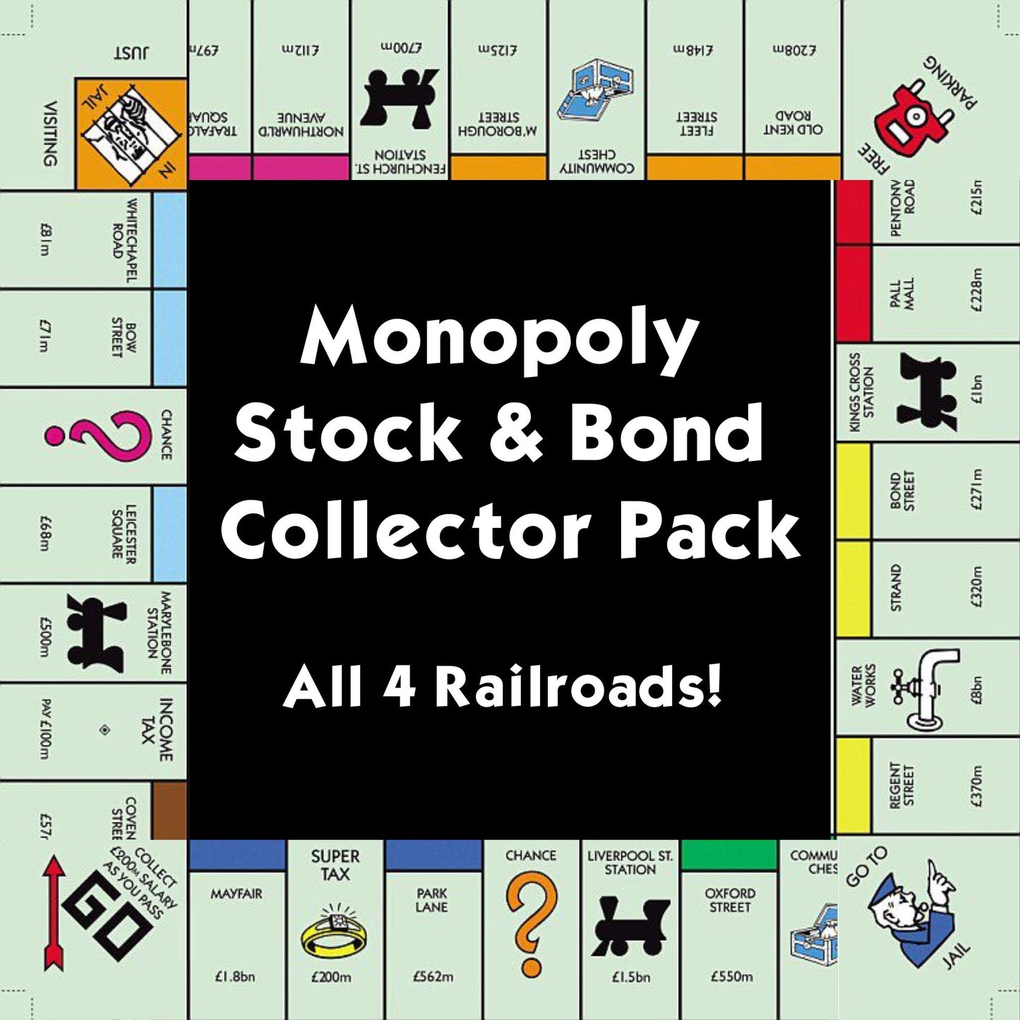 Monopoly game board with text 'Monopoly Stock & Bond Collector Pack All 4 Railroads!'