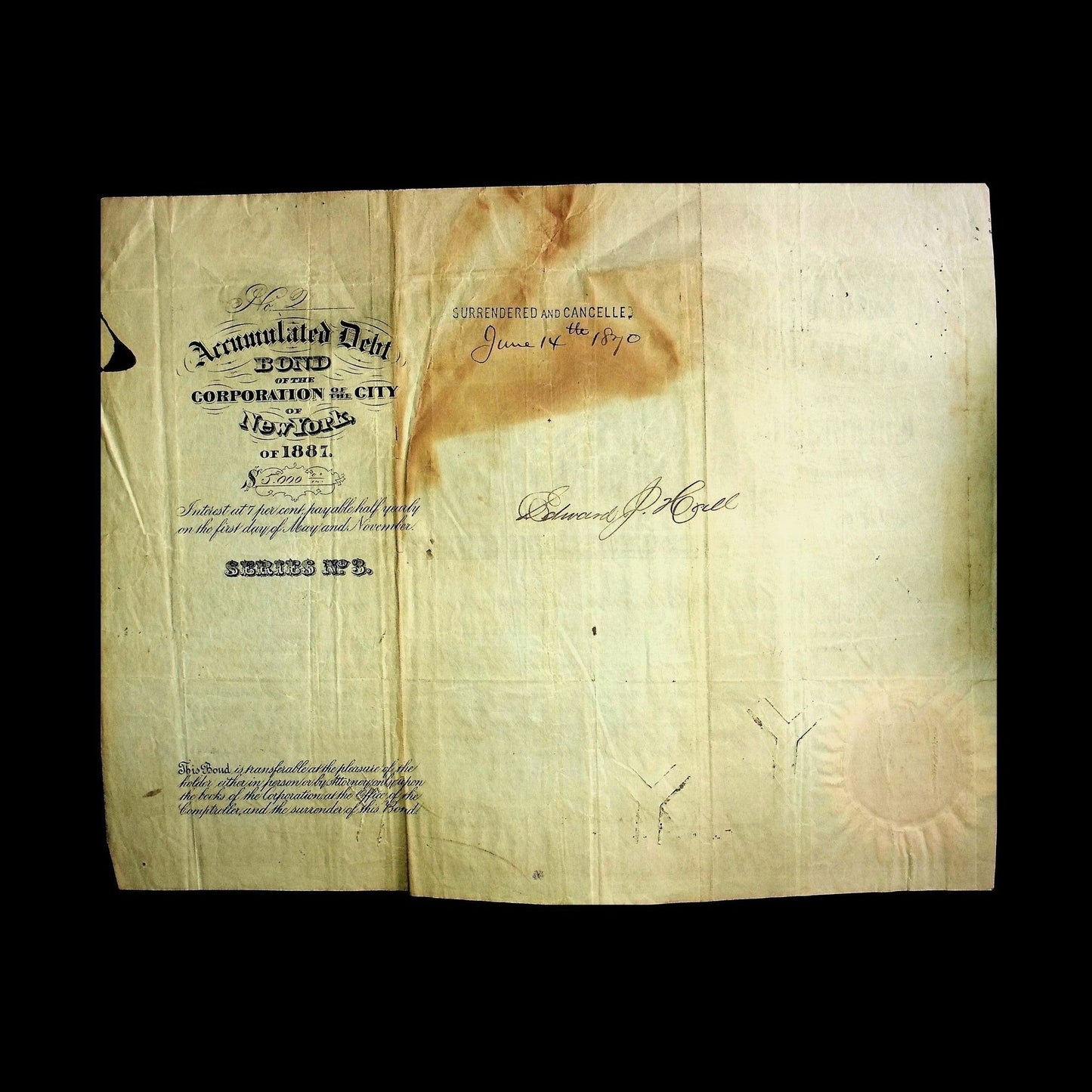 New York City Seven Per Cent Bond from 1869