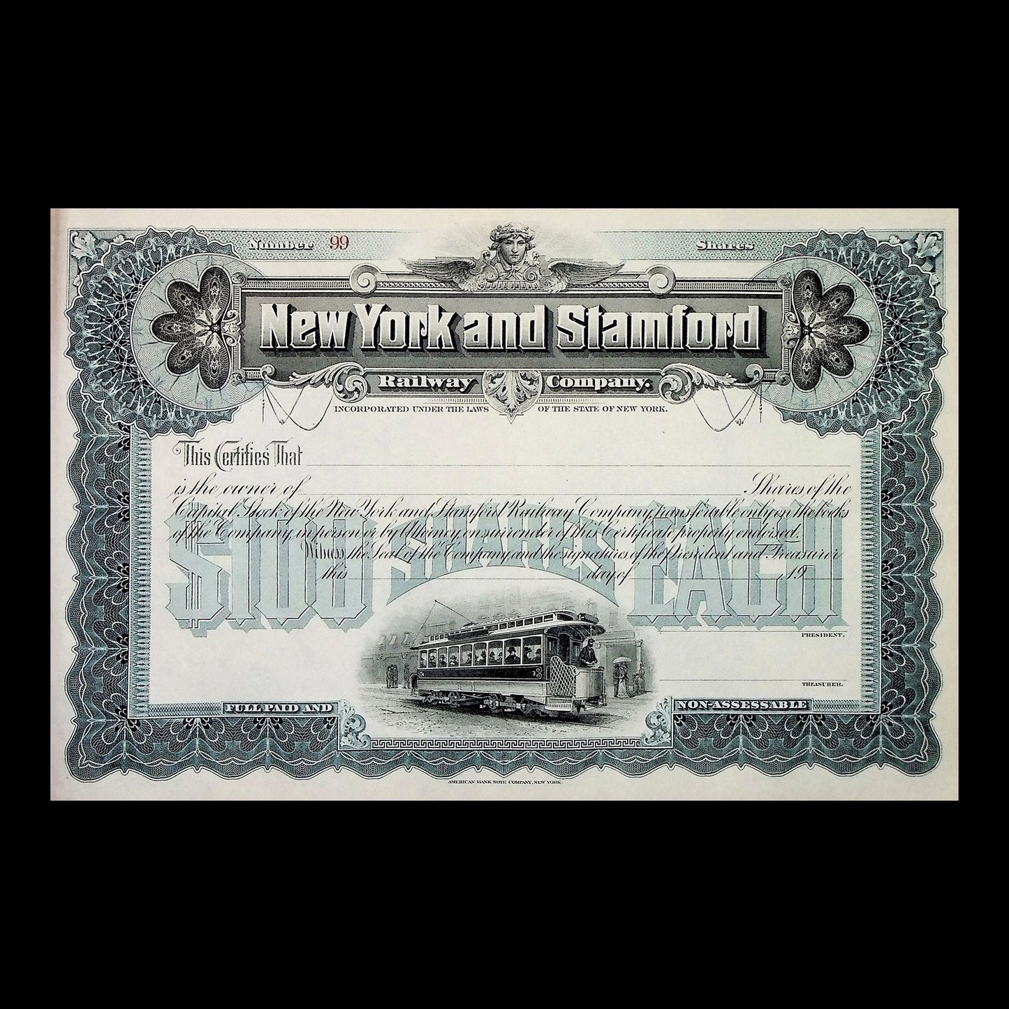 New York and Stamford Railway Company Stock Certificate