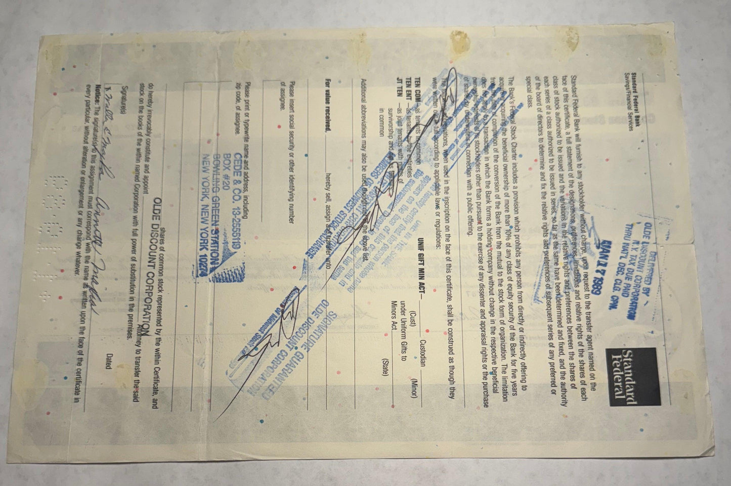 Standard Federal Bank (now LaSalle), Inc Stock Certificate