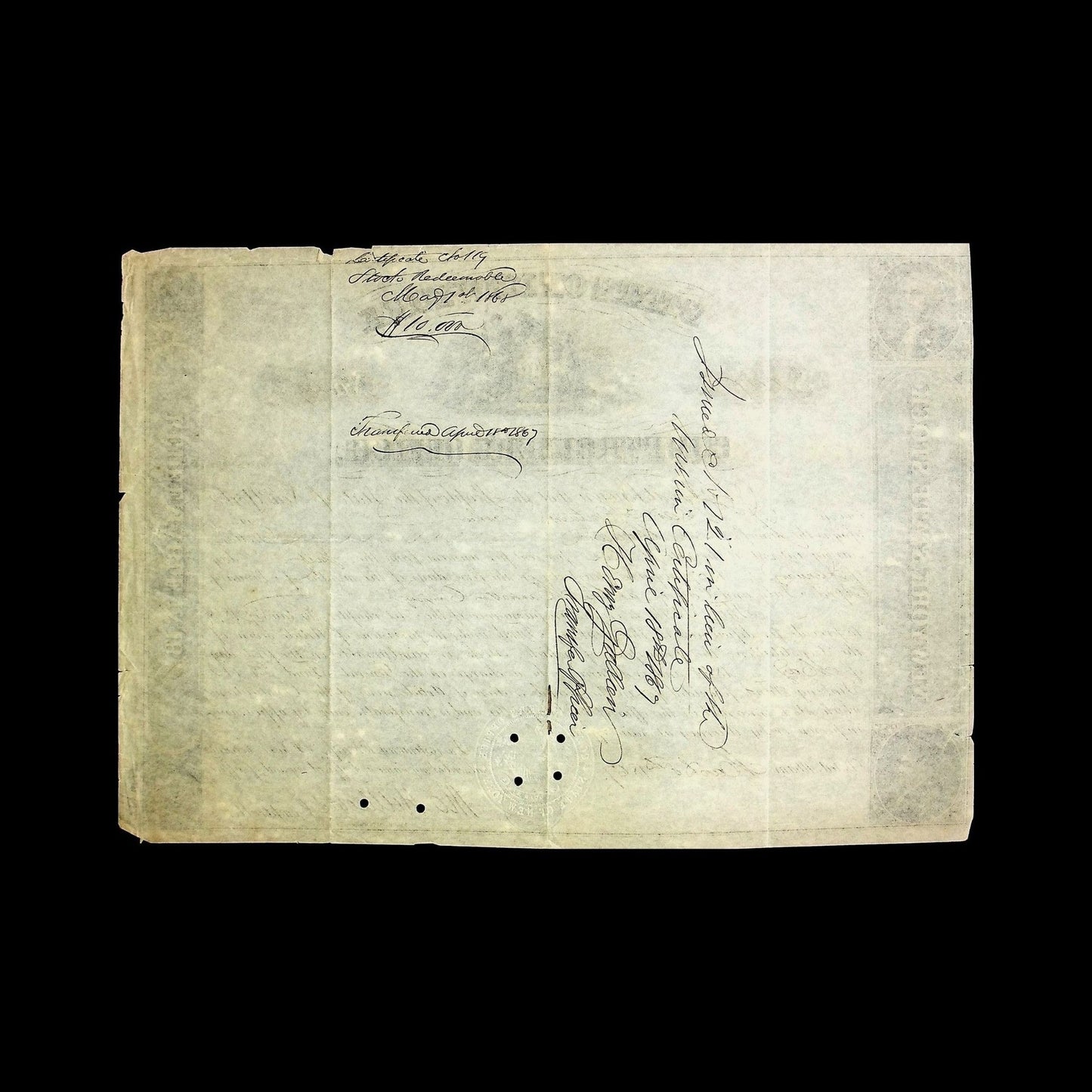 State of New York Stock Certificate from 1867