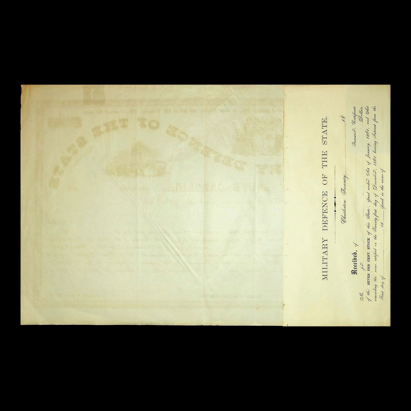 Aged 1860 South Carolina Military Defence bond on cream paper with vertical text, cursive script, and light creasing.
