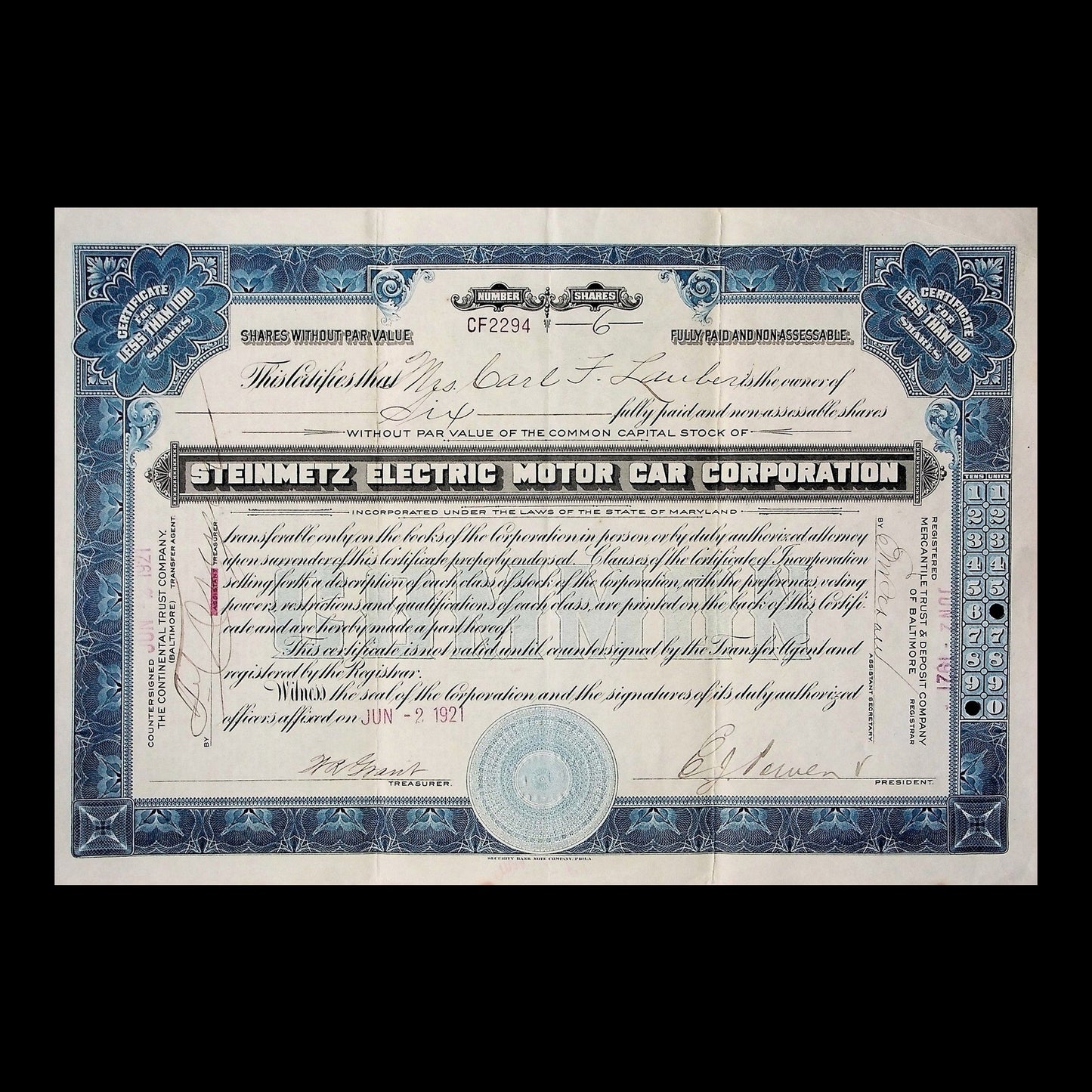Steinmetz Electric Motor Car Corporation Stock Certificate from 1921