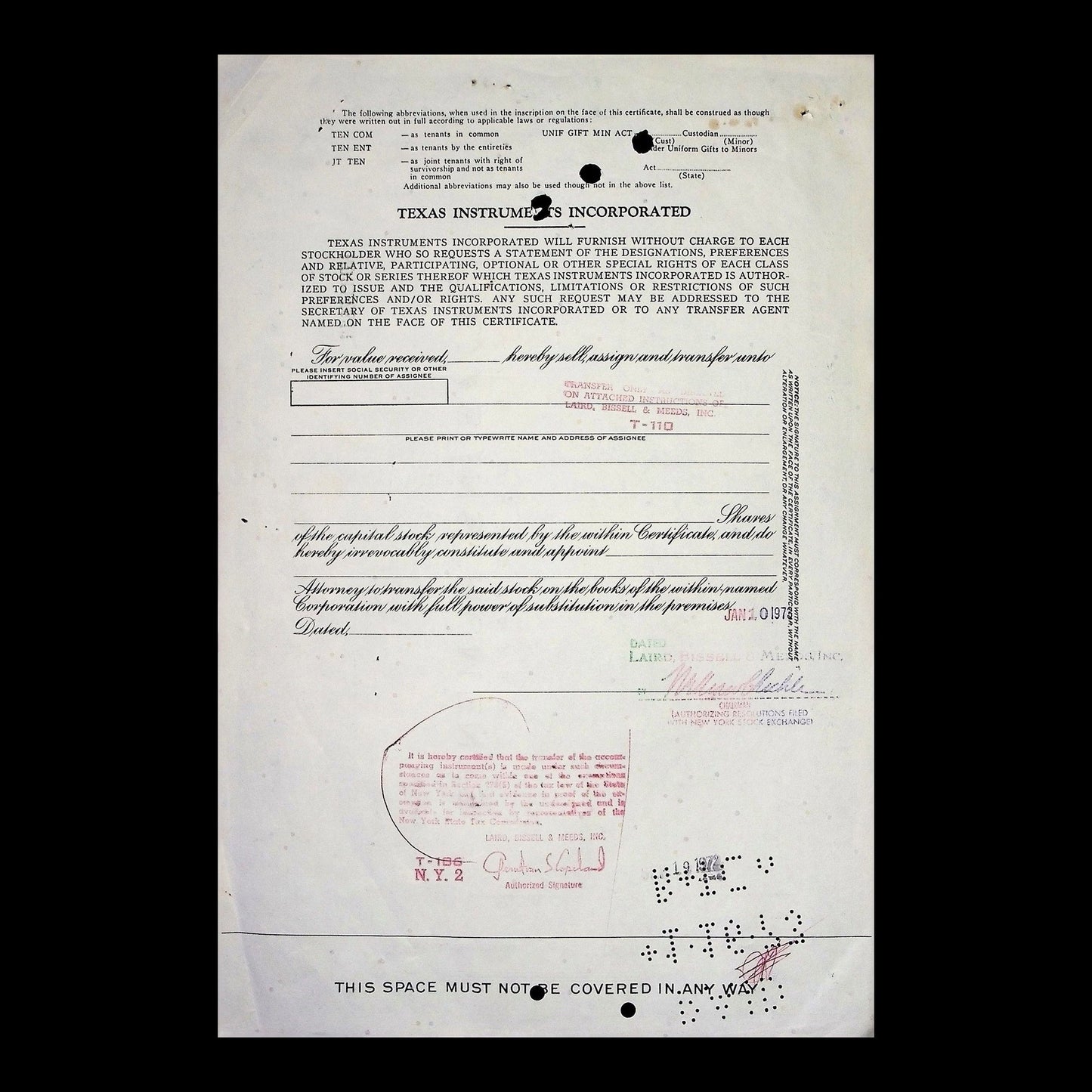 Texas Instruments Incorporated Stock Certificate Specimen