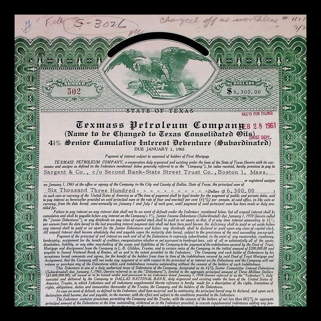 Texmass Petroleum Company Bond from 1961