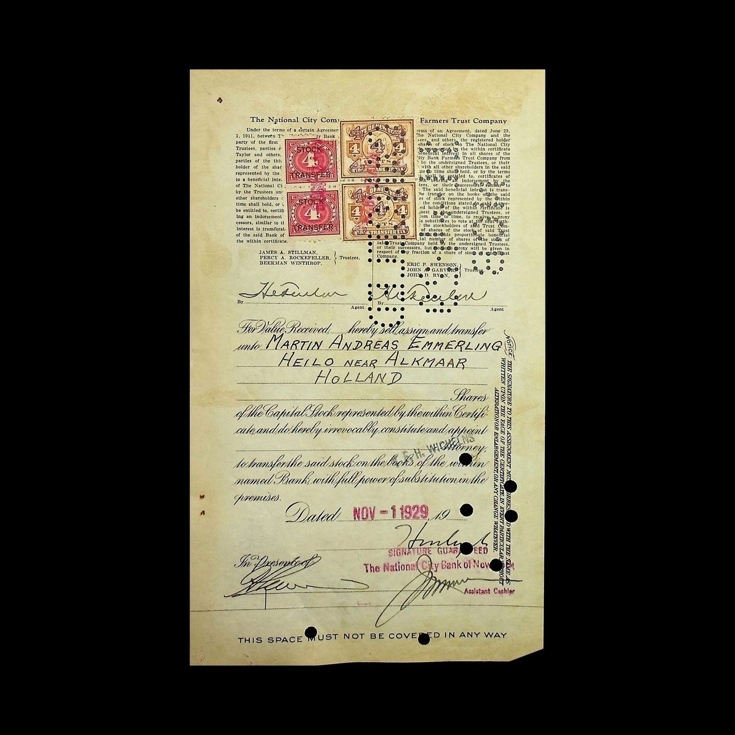 National City Bank of New York Stock Certificate from 1929