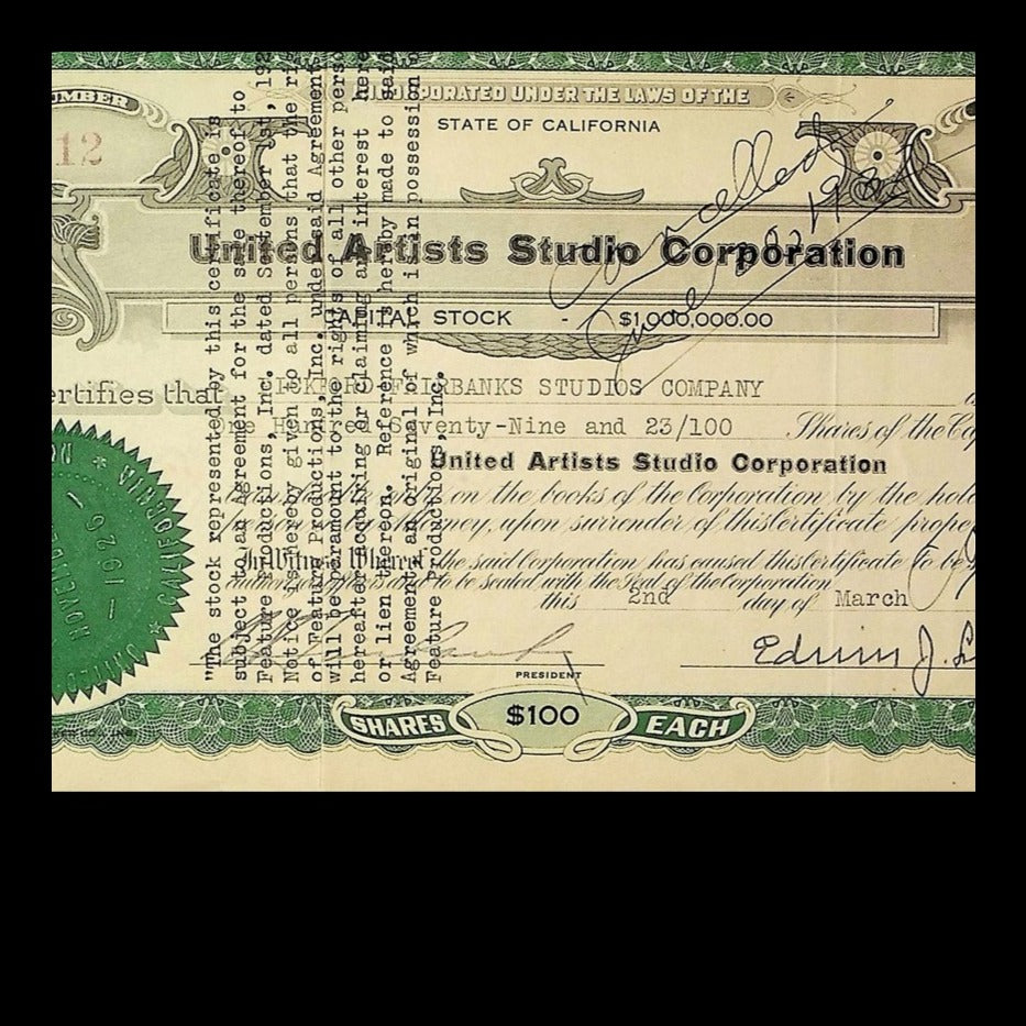 United Artists Studio Corporation Stock Certificate