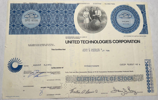 United Technologies Corporation (now Raytheon) Stock Certificate