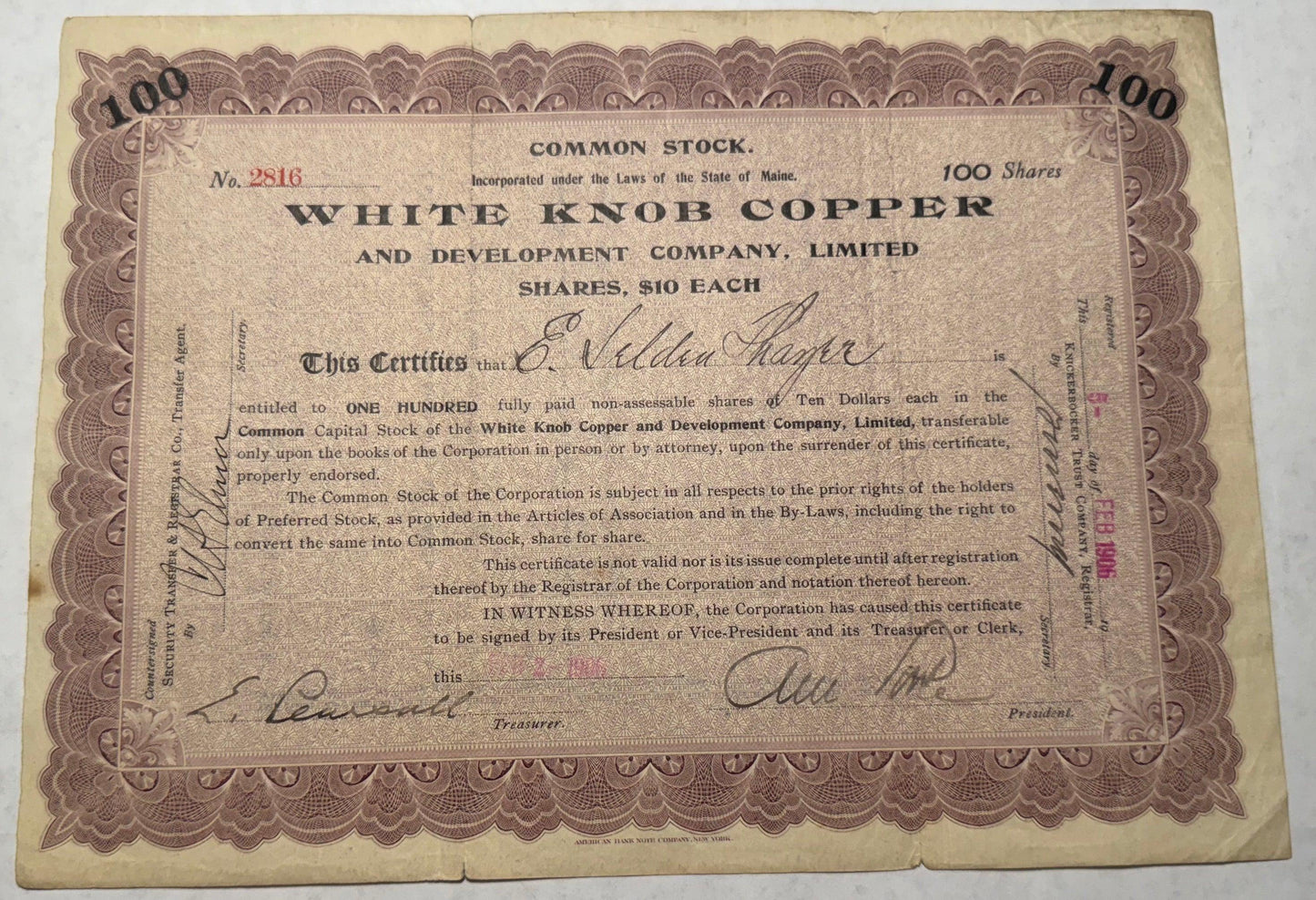 White Knob Copper & Development Company 股票证书