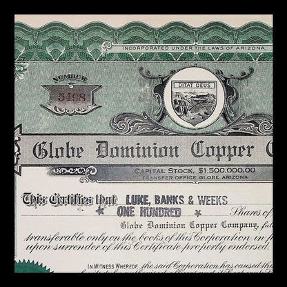 Globe Dominion Copper Company Stock Certificate from 1918
