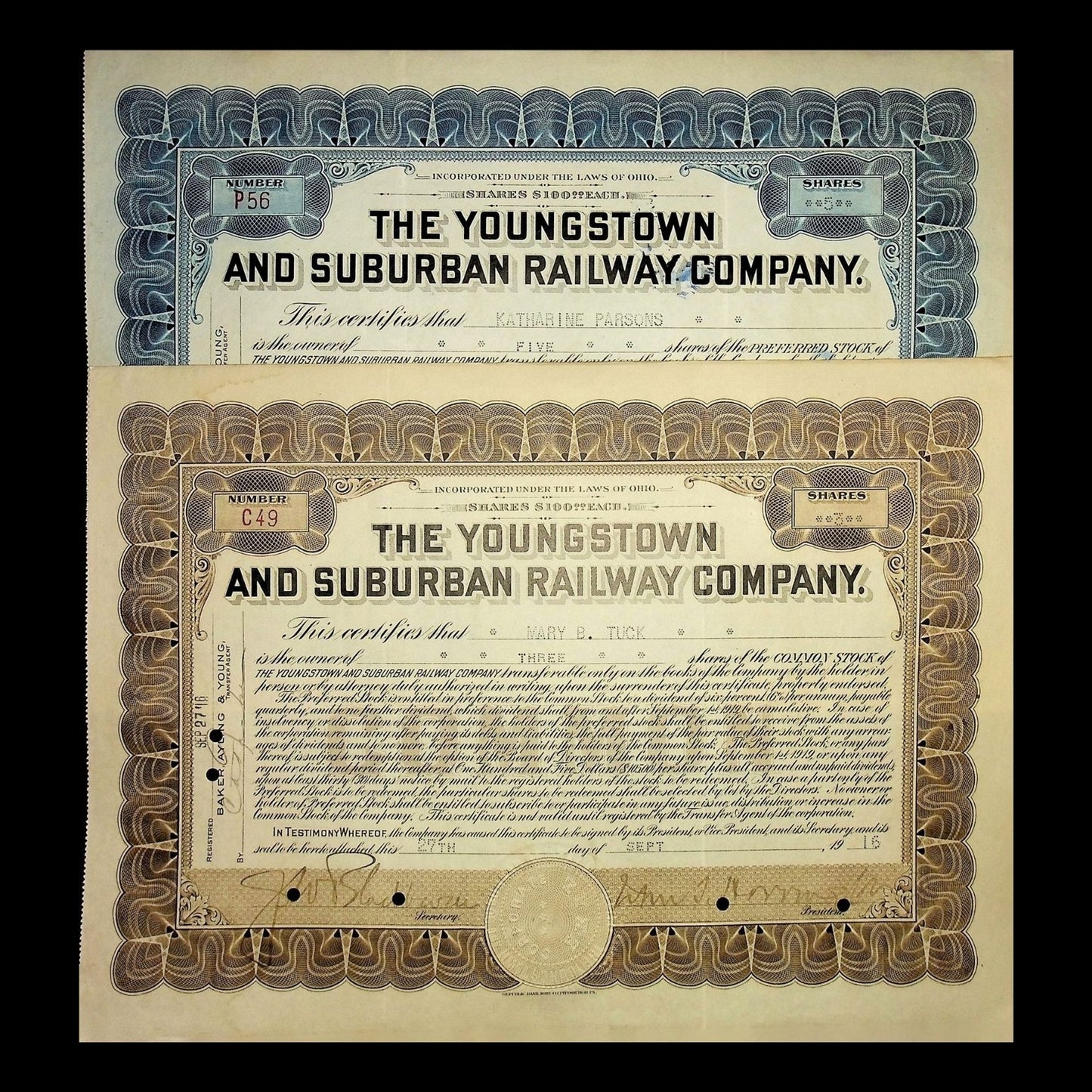 Youngstown and Suburban Railway Company Stock Certificate from 1915