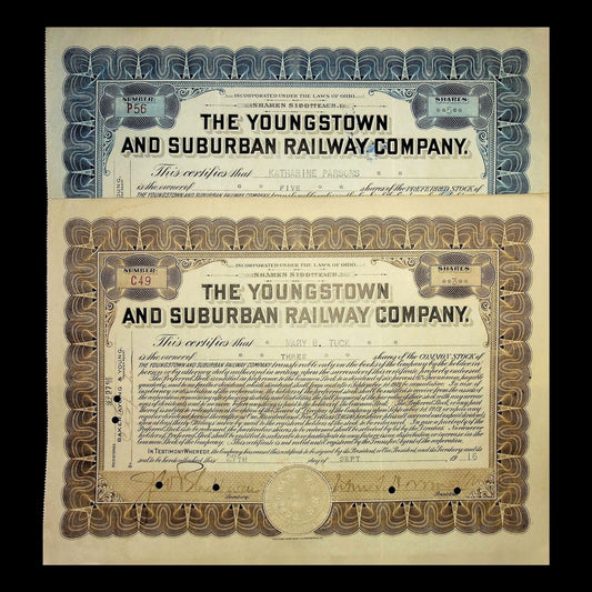 Youngstown and Suburban Railway Company Stock Certificate from 1915