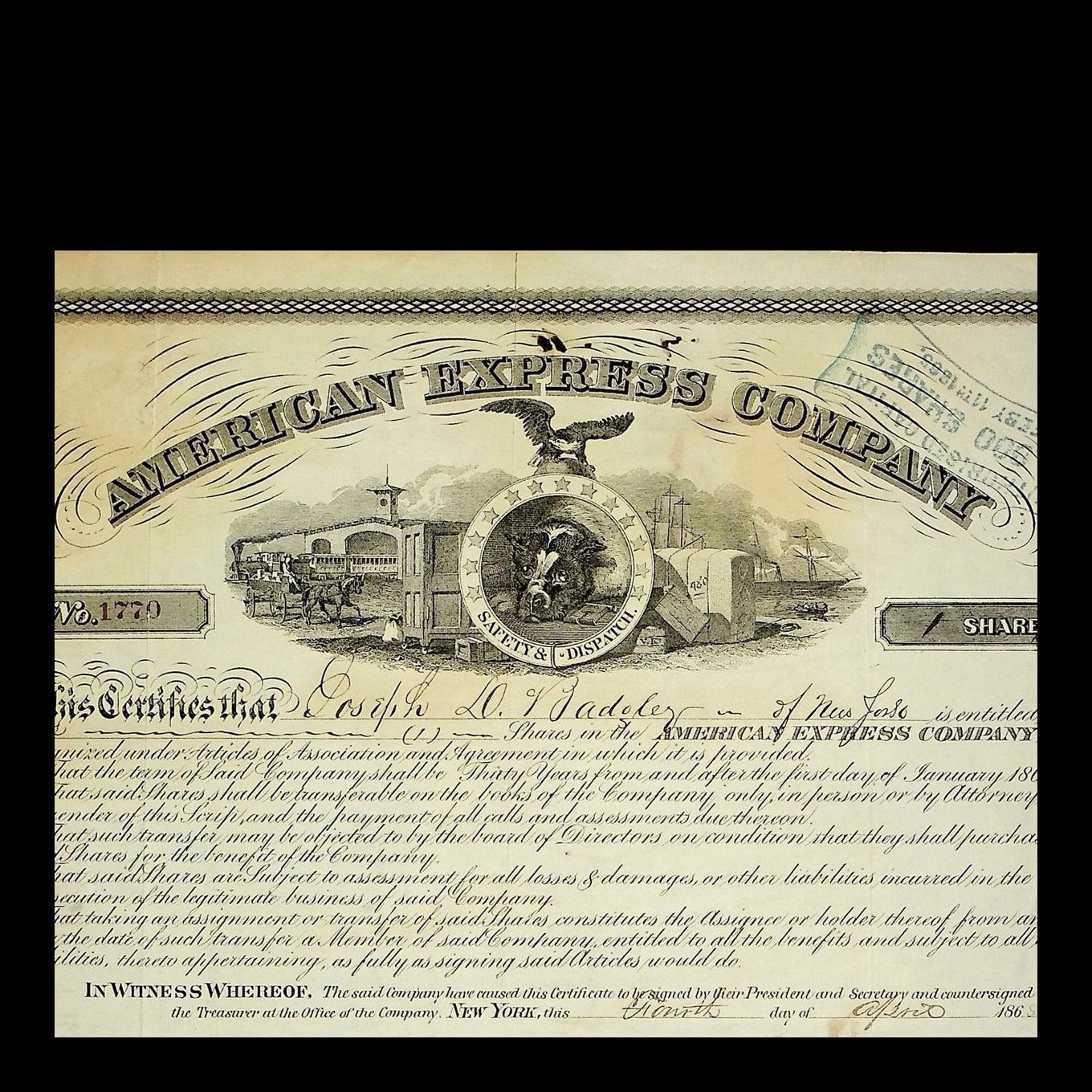 American Express Company Stock Certificate from 1865 Signed by Fargo & John Butterfield