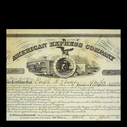 American Express Company Stock Certificate from 1865 Signed by Fargo & John Butterfield
