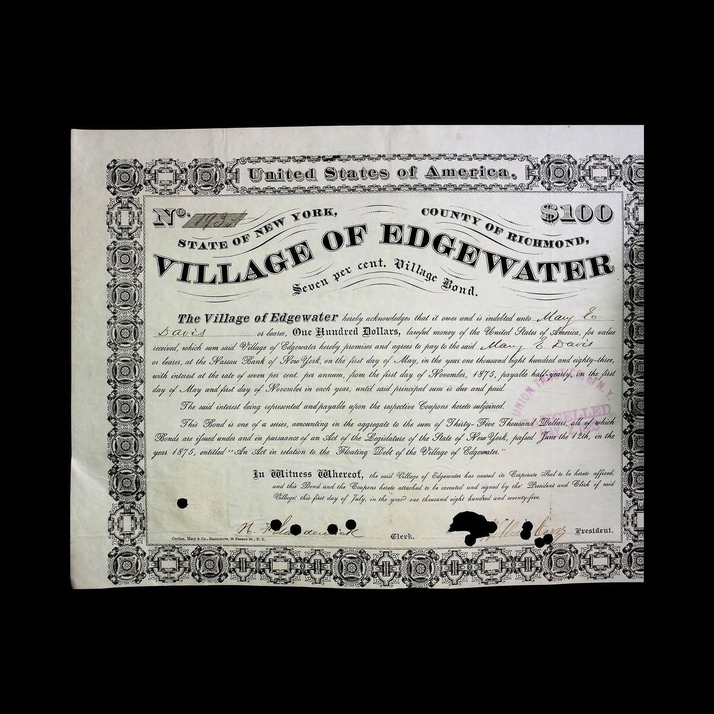 Village of Edgewater (Staten Island, NY) Municipal Bond from 1875