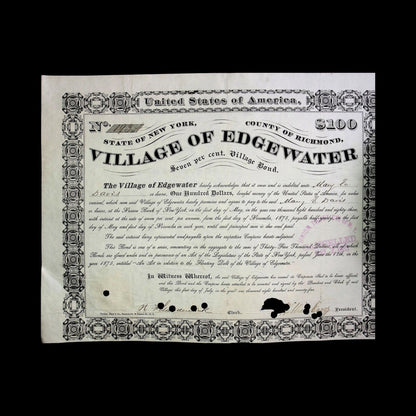 Village of Edgewater (Staten Island, NY) Municipal Bond from 1875