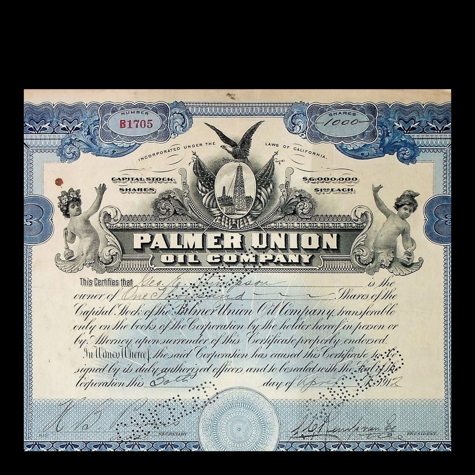 Palmer Union Oil Company Stock Certificate from 1912 now CocaCola