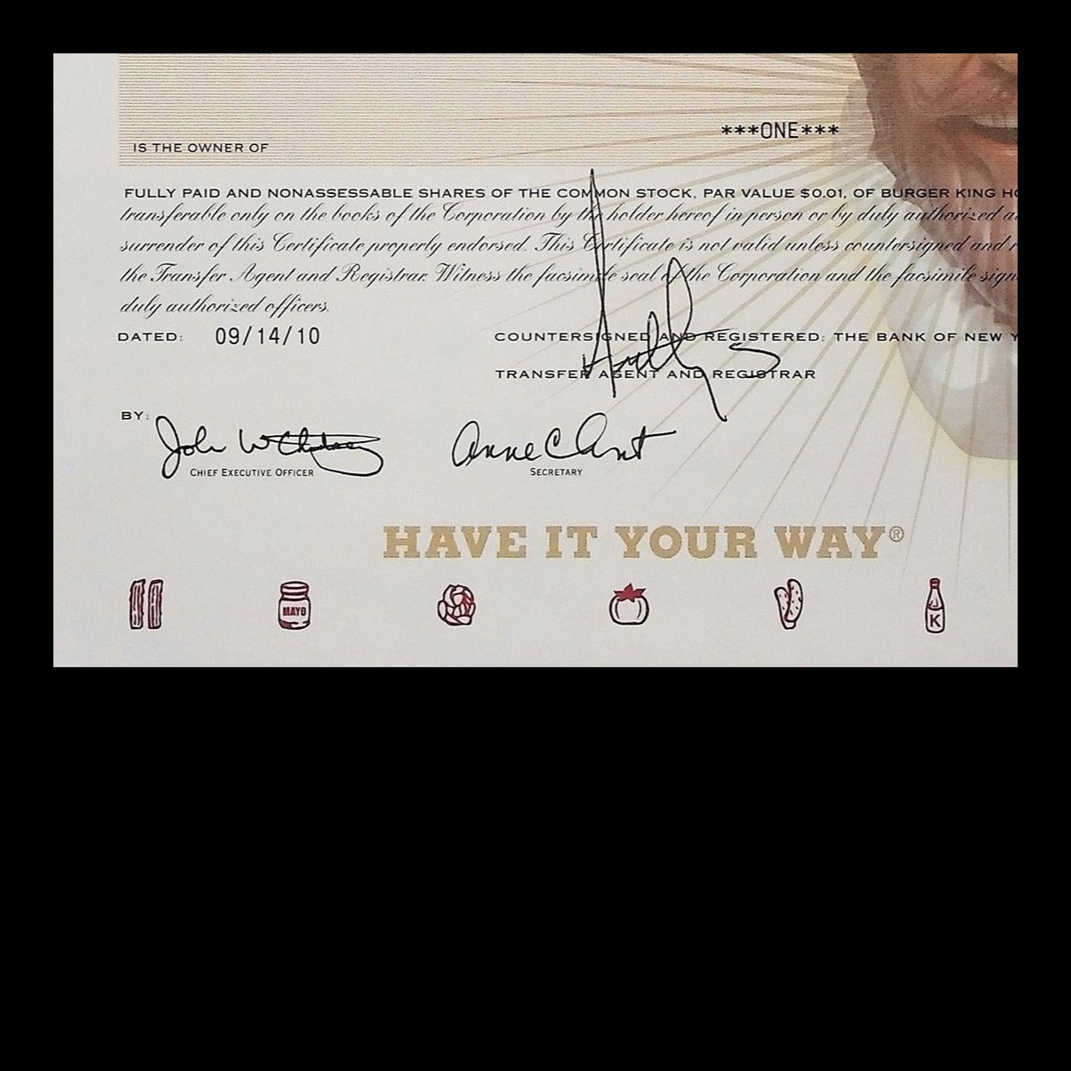 Burger King Holdings Stock Certificate from 2010