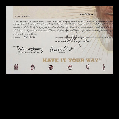 Burger King Holdings Stock Certificate from 2010