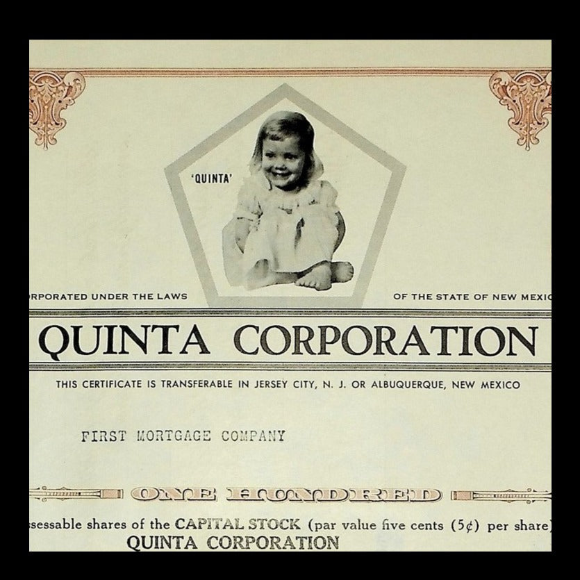 Quinta Corporation Stock Certificate from 1958