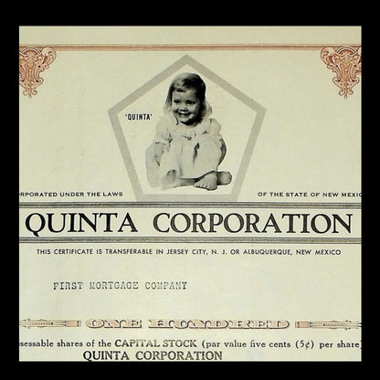 Quinta Corporation Stock Certificate from 1958