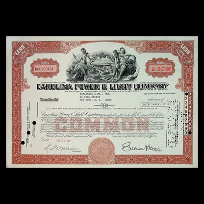 Carolina Power & Light Company (Duke Energy) Stock Certificate from 1970s