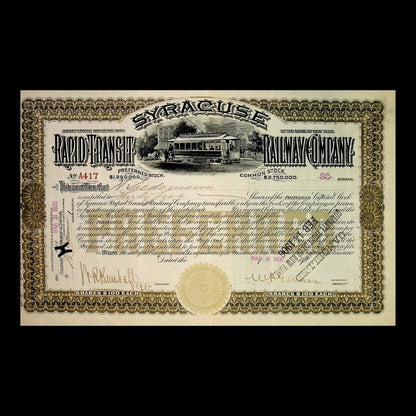 Syracuse Rapid Transit Railway Company Stock Certificate from 1900s