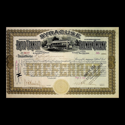 Syracuse Rapid Transit Railway Company Stock Certificate from 1900s