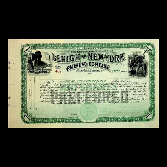 Vintage stock certificate for Liehigh and New York Railroad Company on a black background
