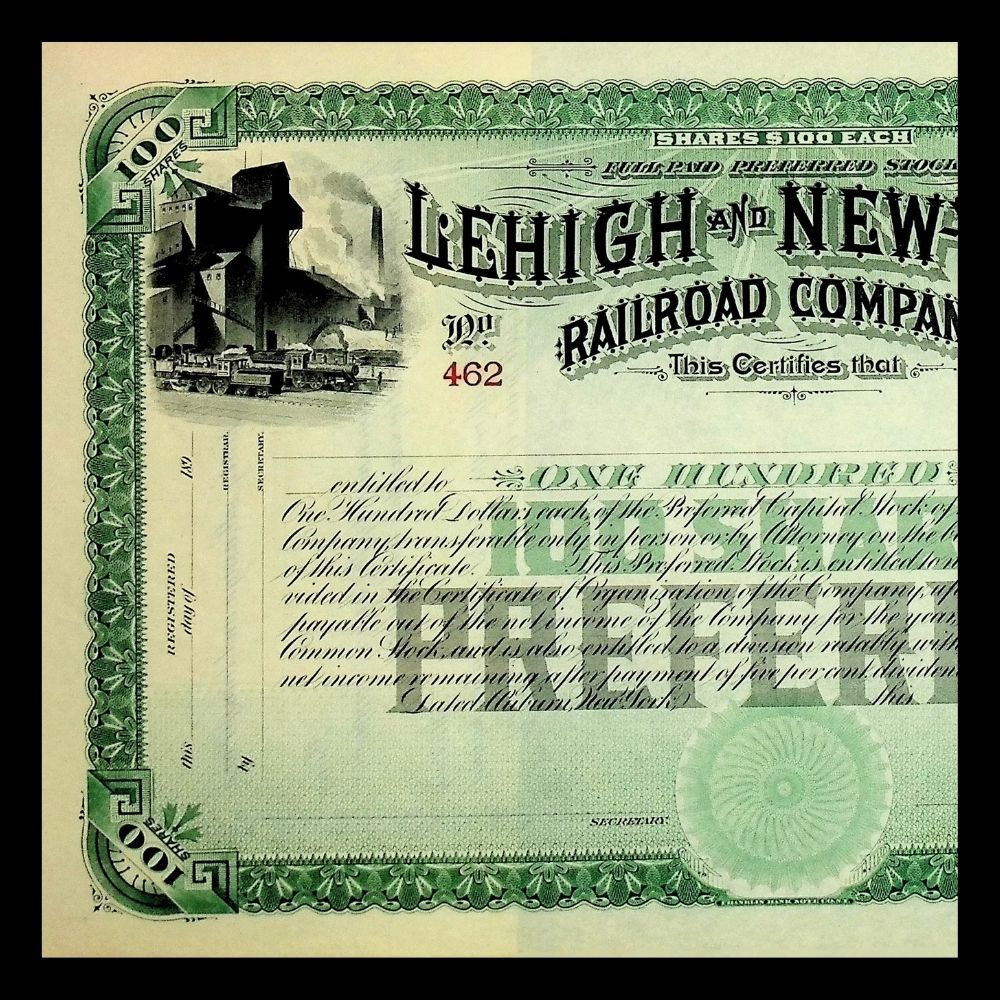 Lehigh and New York Railroad Company Unissued Stock Certificate 1890s