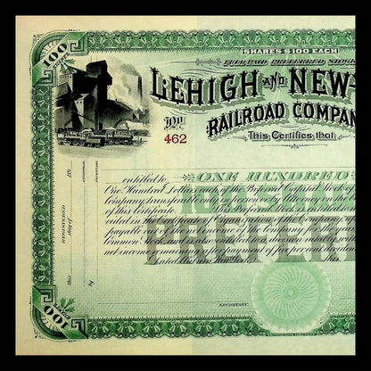 Lehigh and New York Railroad Company Unissued Stock Certificate 1890s