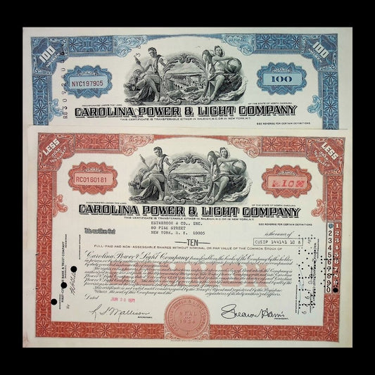 Carolina Power & Light Company (Duke Energy) Stock Certificate from 1970s