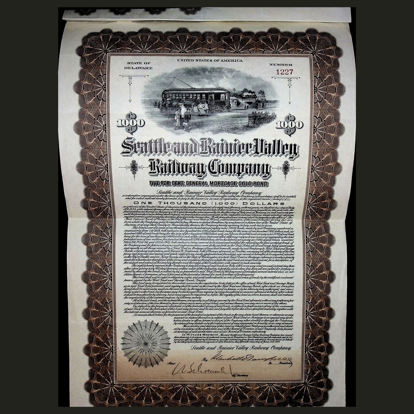 Seattle and Rainier Valley Railway Company Bond Certificate from 1916