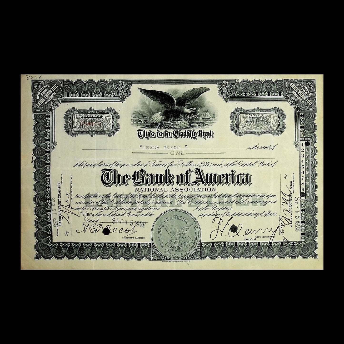 Bank of America Stock Certificate from 1928