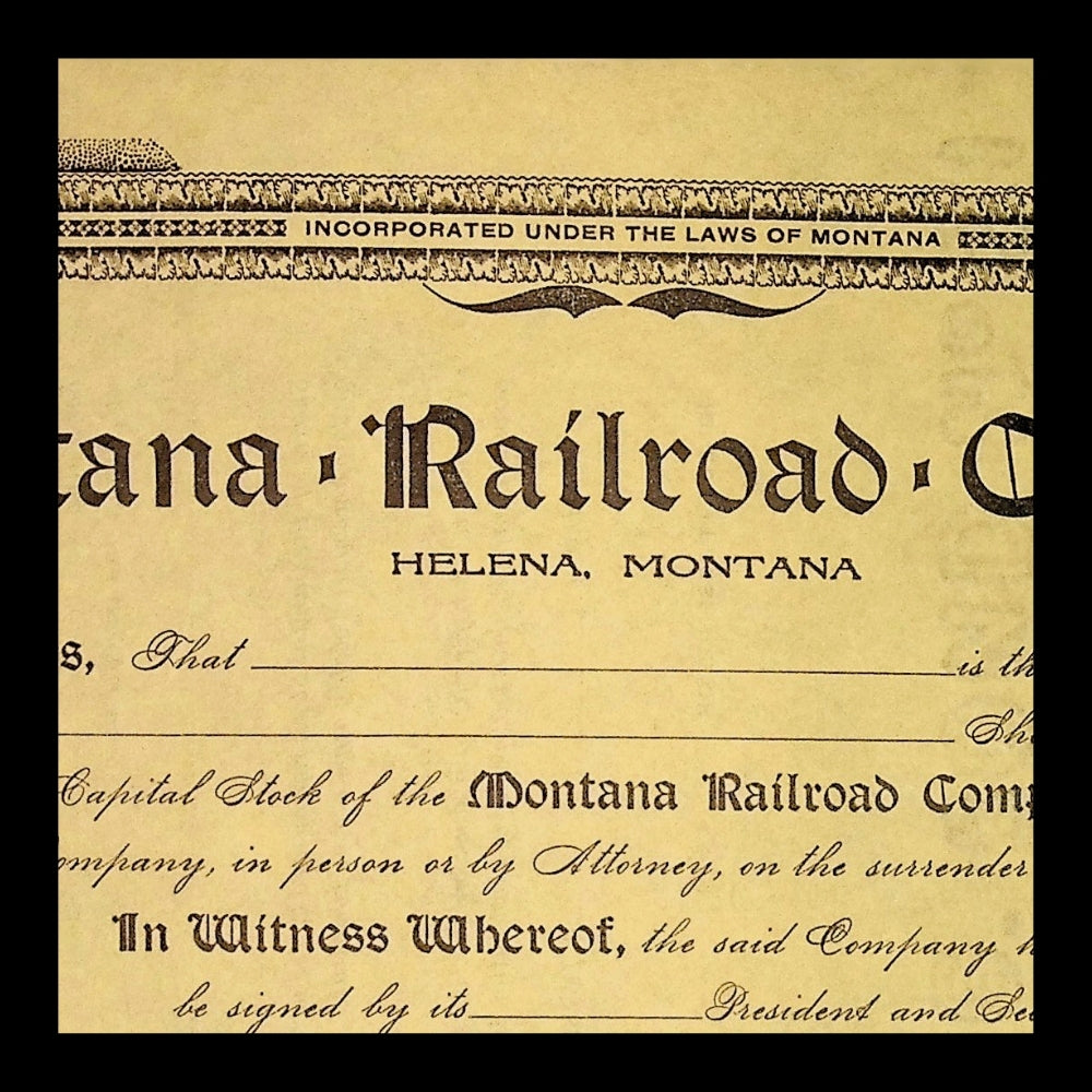 Montana Railroad Stock Certificate (Unissued) from 1890s