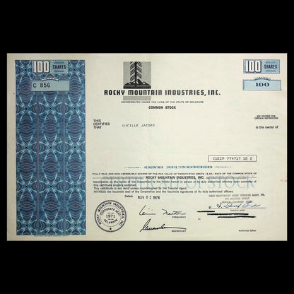 Rocky Mountain Industries (Colorado) Stock Certificate 1970s