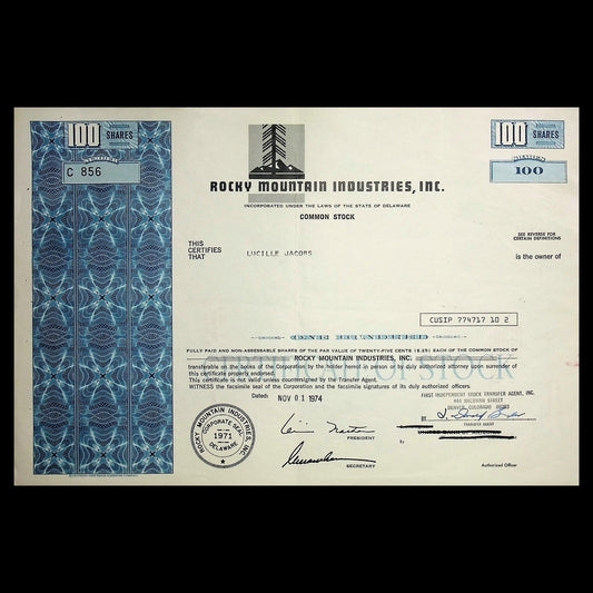 Rocky Mountain Industries (Colorado) Stock Certificate 1970s