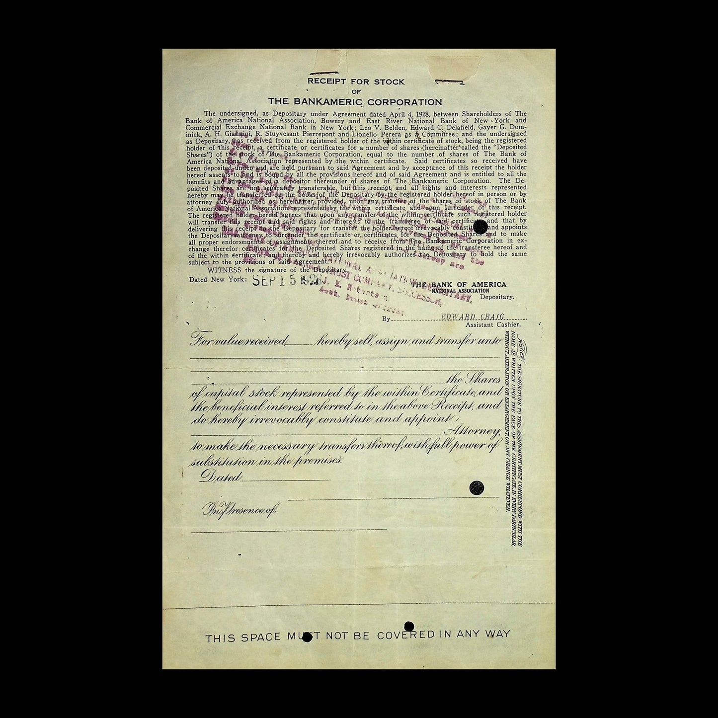 Bank of America Stock Certificate from 1928