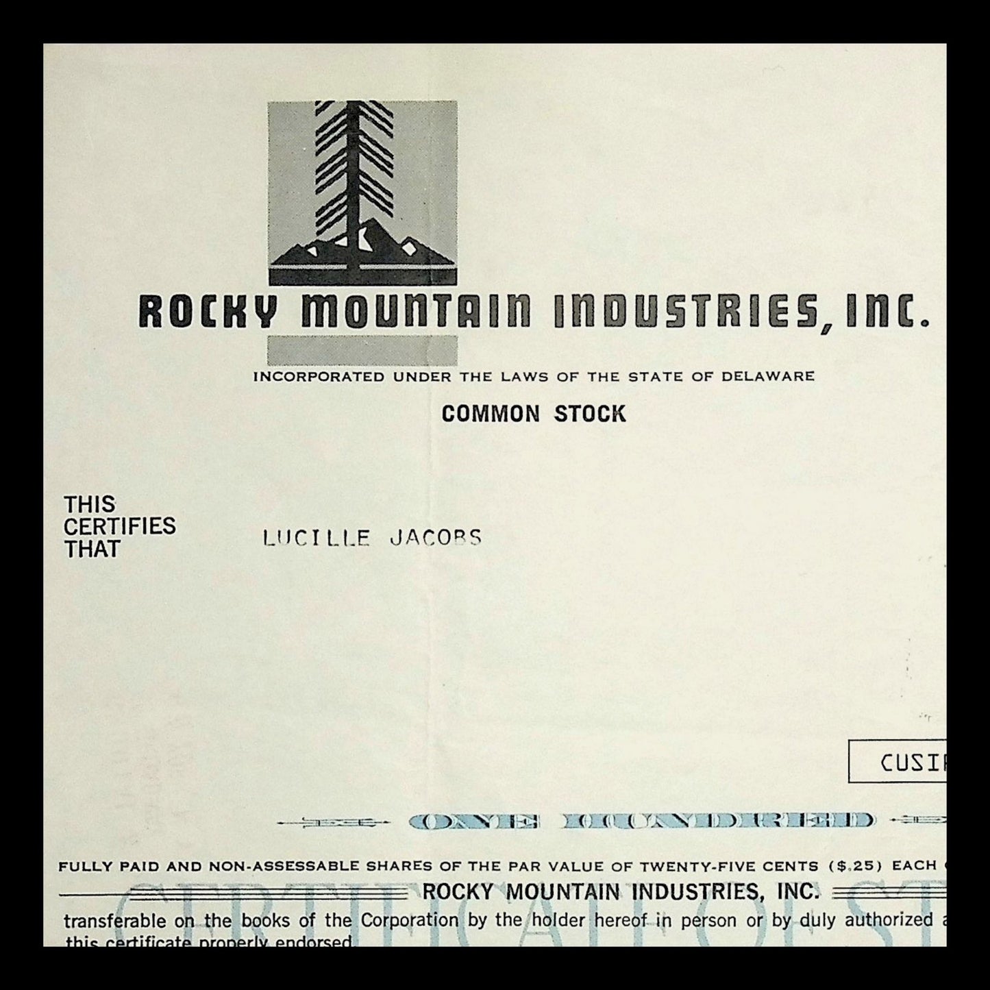 Rocky Mountain Industries (Colorado) Stock Certificate 1970s
