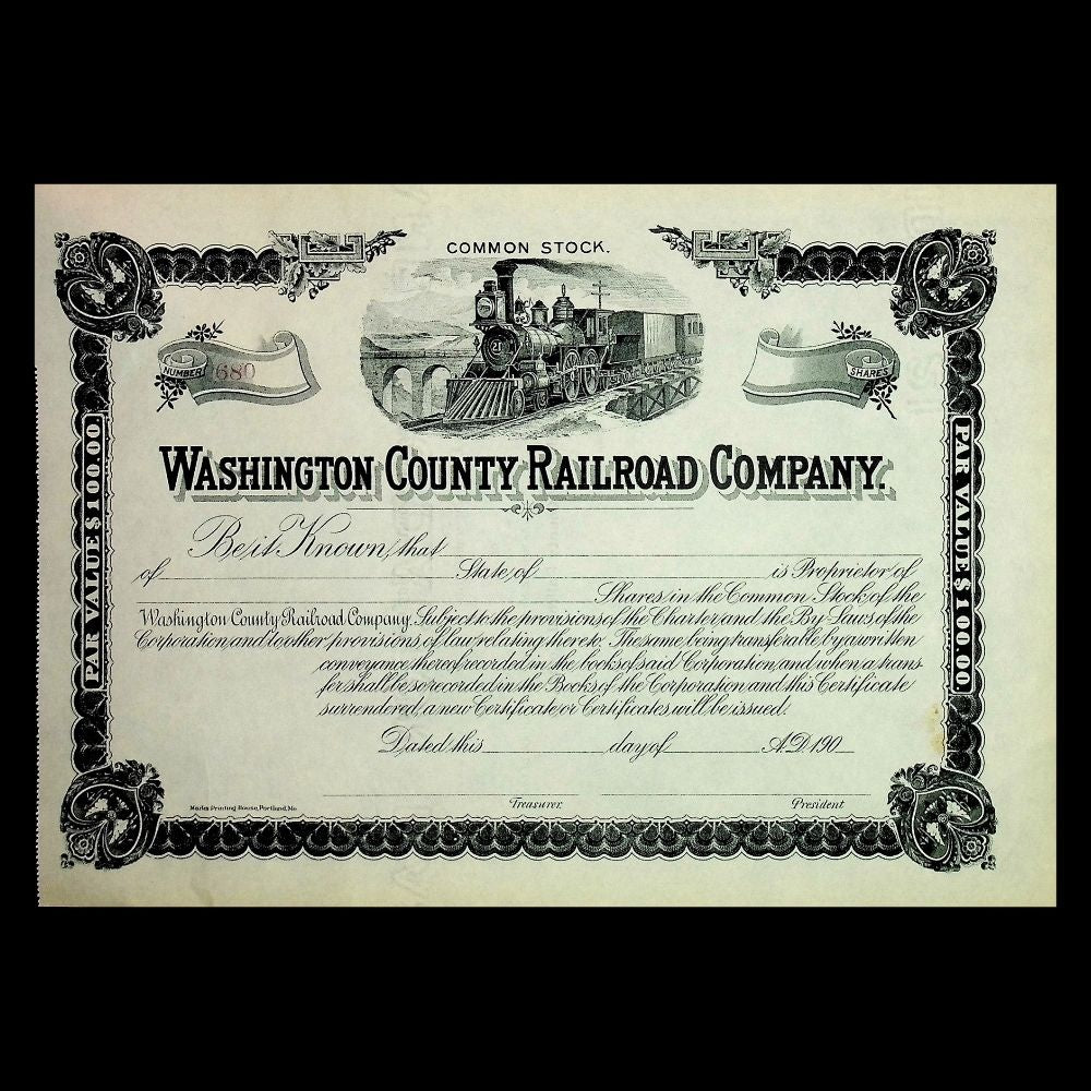 Washington Country Railroad (Maine) Company Unissued Stock Certificate 1900s