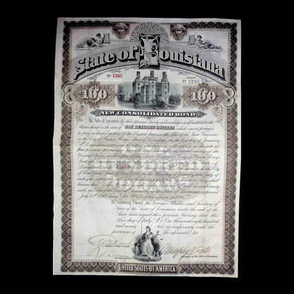 State of Louisiana Bond Certificate from 1892 Signed By Mayor Murphy J. Foster