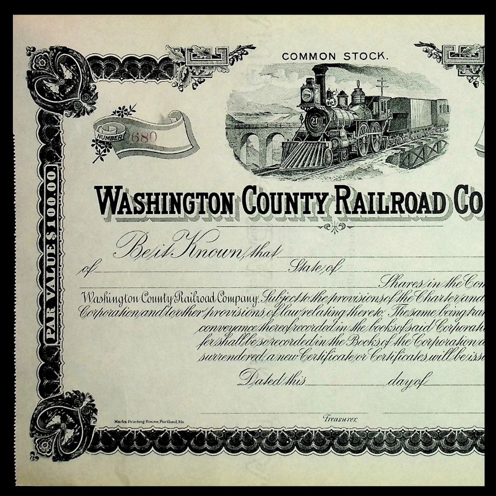 Washington Country Railroad (Maine) Company Unissued Stock Certificate 1900s