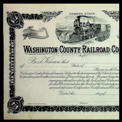 Washington Country Railroad (Maine) Company Unissued Stock Certificate 1900s