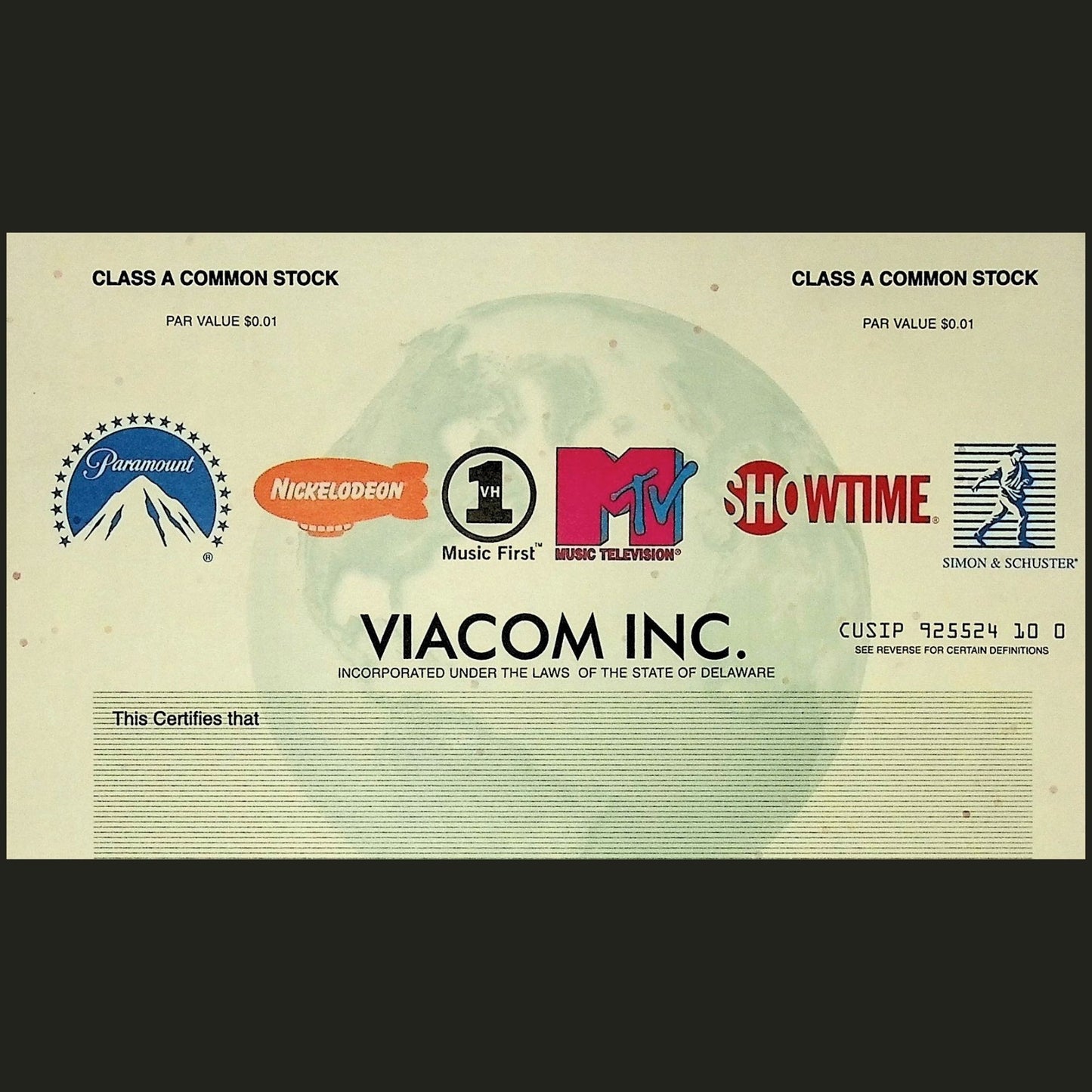 Viacom Inc Stock Certificate Specimen from 1986 ft Nickelodeon, Paramount, MTV, Showtime & Simon & Schuster Logos