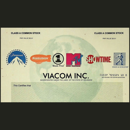 Viacom Inc Stock Certificate Specimen from 1986 ft Nickelodeon, Paramount, MTV, Showtime & Simon & Schuster Logos